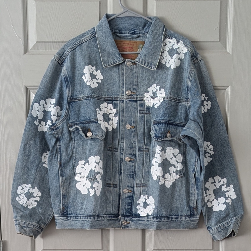 Light Blue Denim Bomber Jacket with White Floral Prints